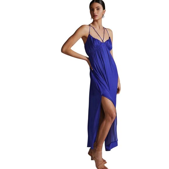 Anthropologie Halter Side Slit Maxi Dress Blue Size SMALL Long Open Back - Picture 1 of 13